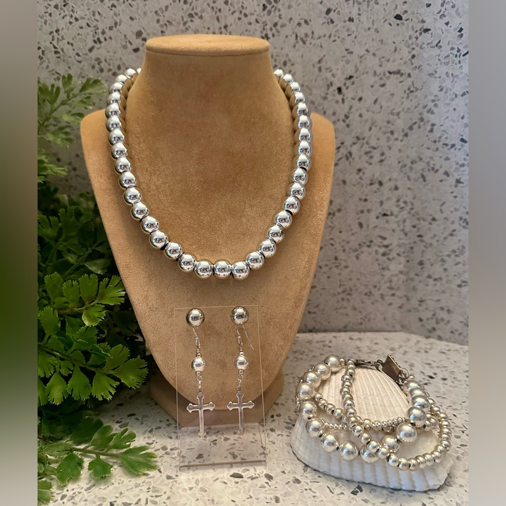 Silver tone ball bead jewelry set 4pc